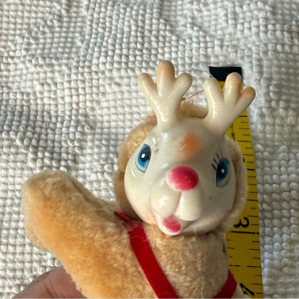 Vintage‎ Christmas Reindeer Plush Rubber Face Tan Red Harness MCM Toy 4 Inch